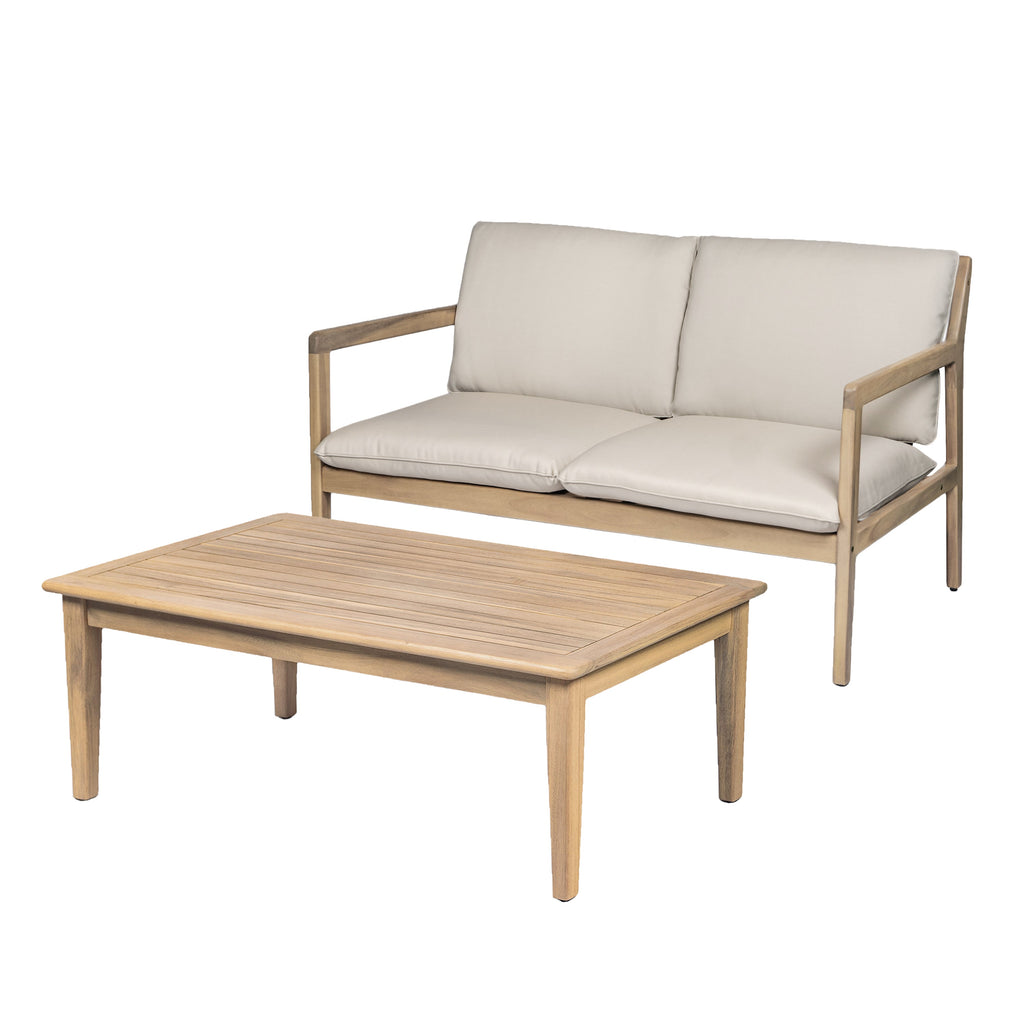 Outdoor Acacia Wood Loveseat with Coffee Table - Light Teak Frame
