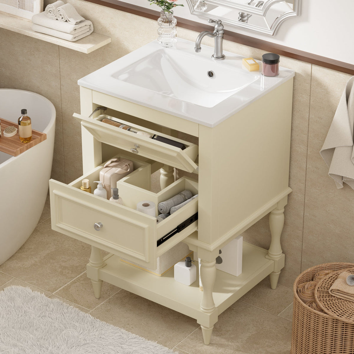 20" Bathroom Vanity with Ceramic Sink and Storage Cabinet – Beige, Black, White