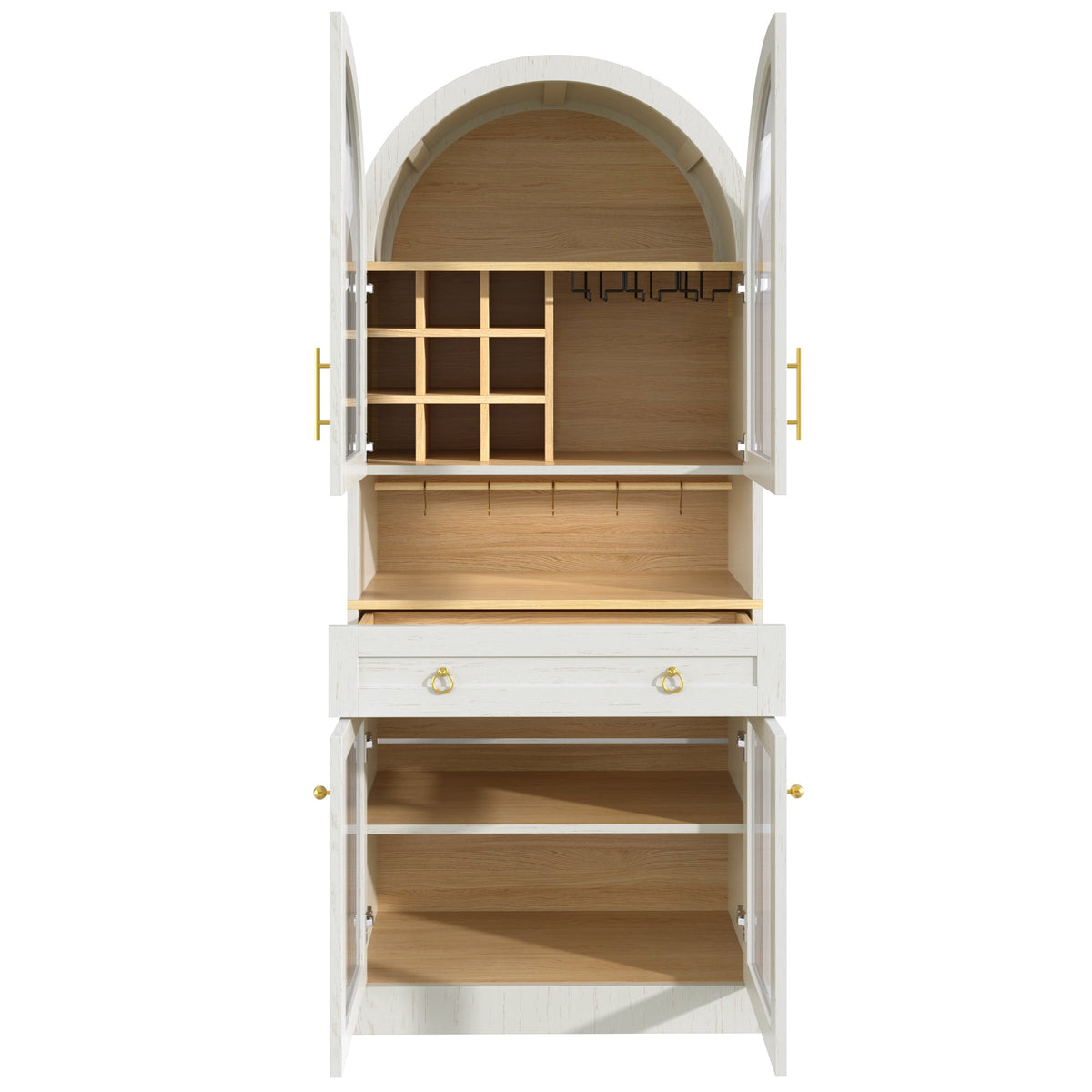70" Tall Arched Bar Cabinet with Wine Storage and Adjustable Shelf - MDF & Metal