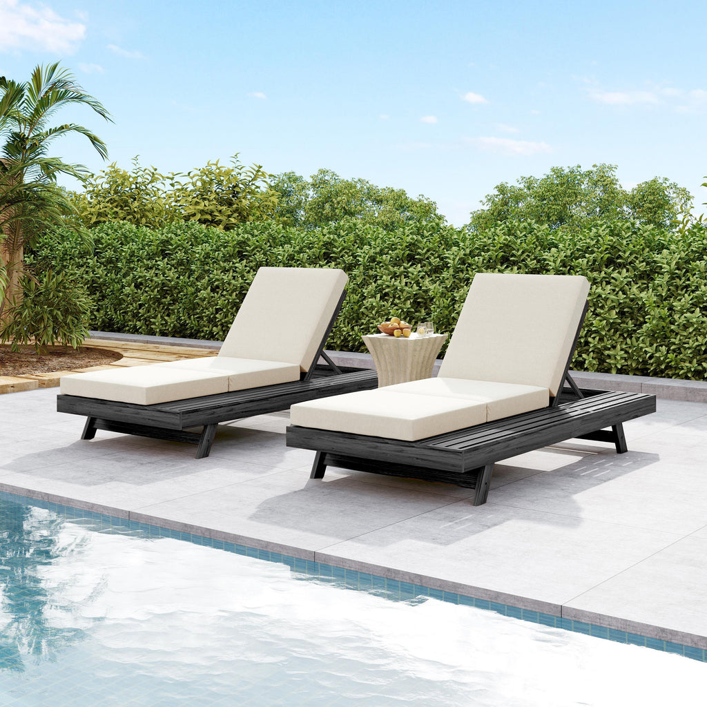 Acacia Solid Wood Lounge Chaise Set with Water-Resistant Cushion - Black