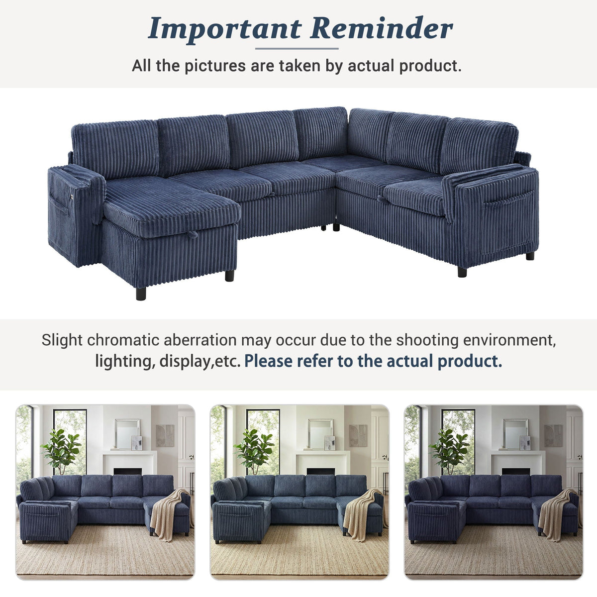 Convertible U-Shaped Sectional Sofa Bed with USB Ports and Storage – Black, Dark Gray, Blue