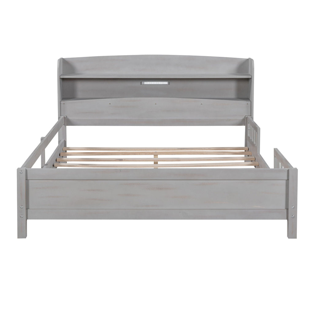 Wood Platform Storage Bed with LED Light & Storage Headboard - White or Dark Gray