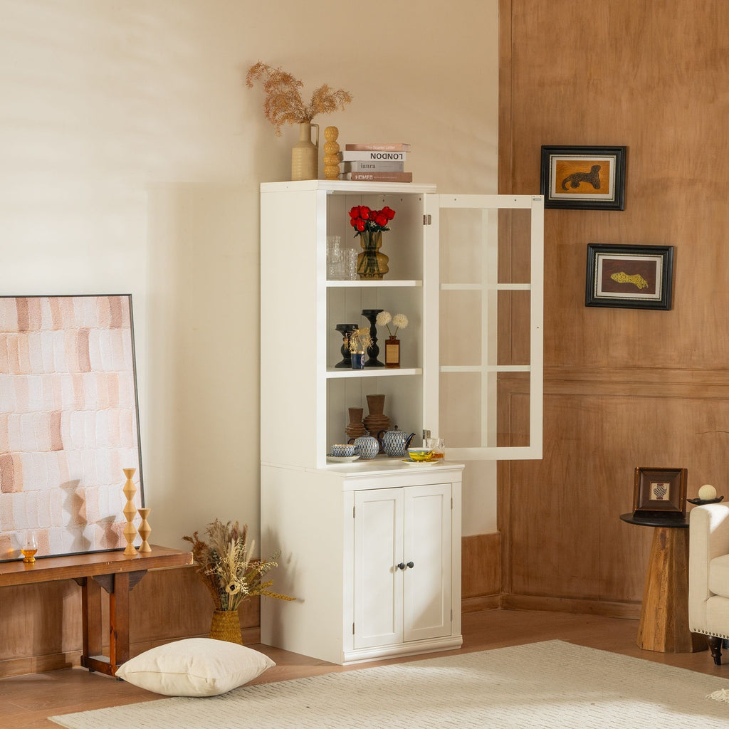 Retro Style Hutch Cabinet with Glass Door - White