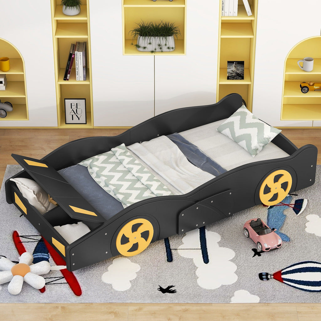 Race Car Platform Bed with Storage and Wheels - Black or Blue