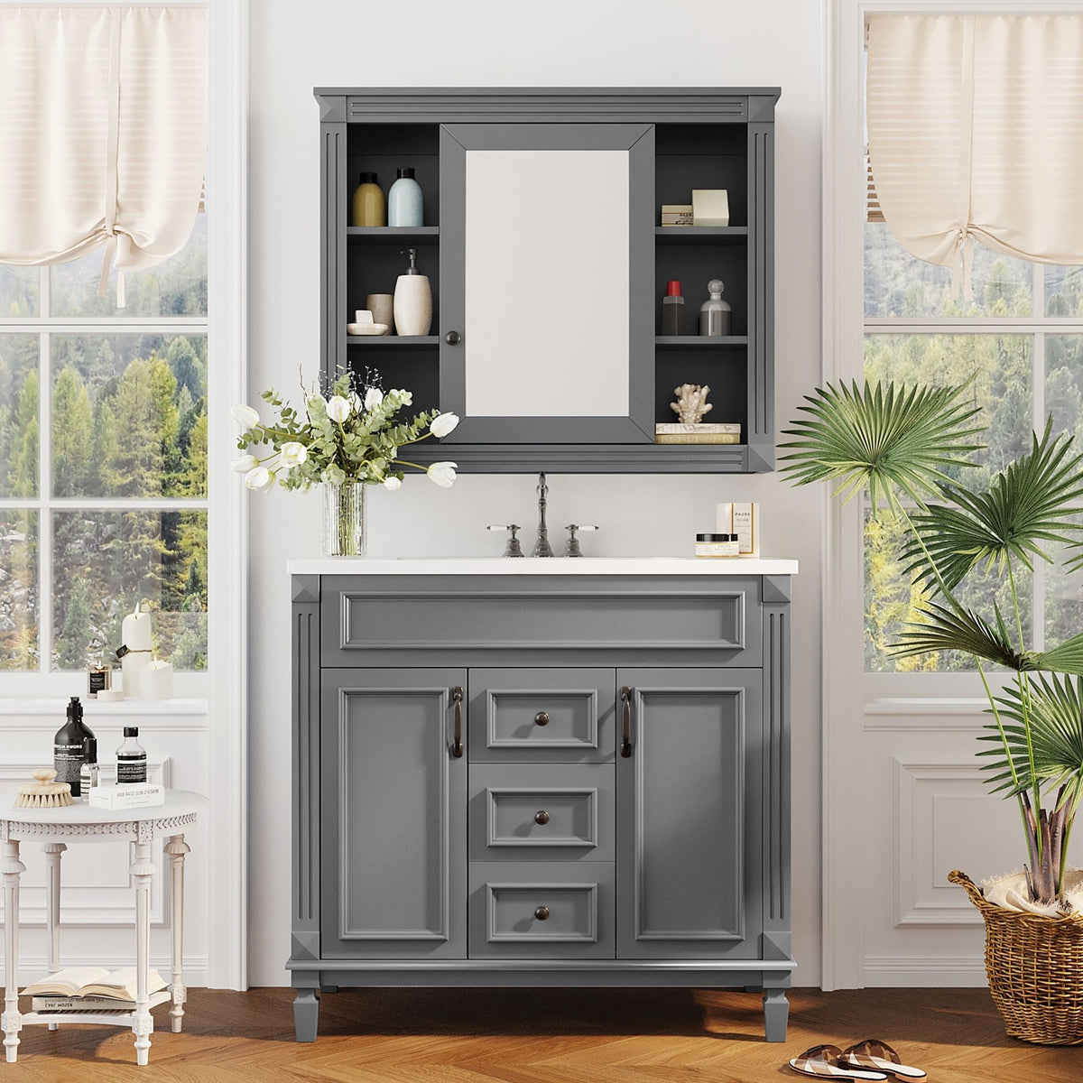 Bathroom Vanity With Top Sink, Mirror Cabinet, 2 Soft Closing Doors & 2 Drawers