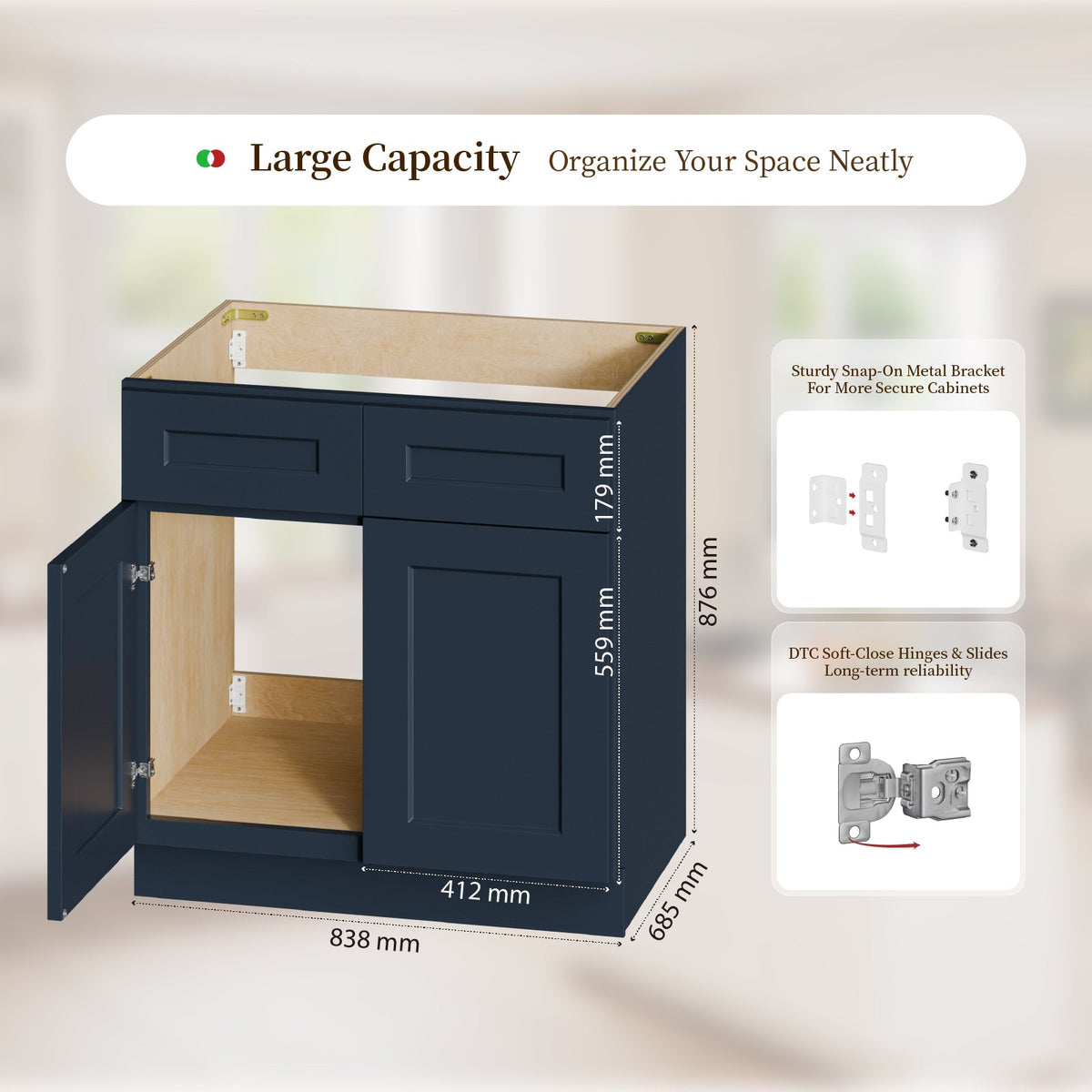 Shaker RTA 33" Kitchen Sink Base Cabinet with Double Doors - Navy Blue