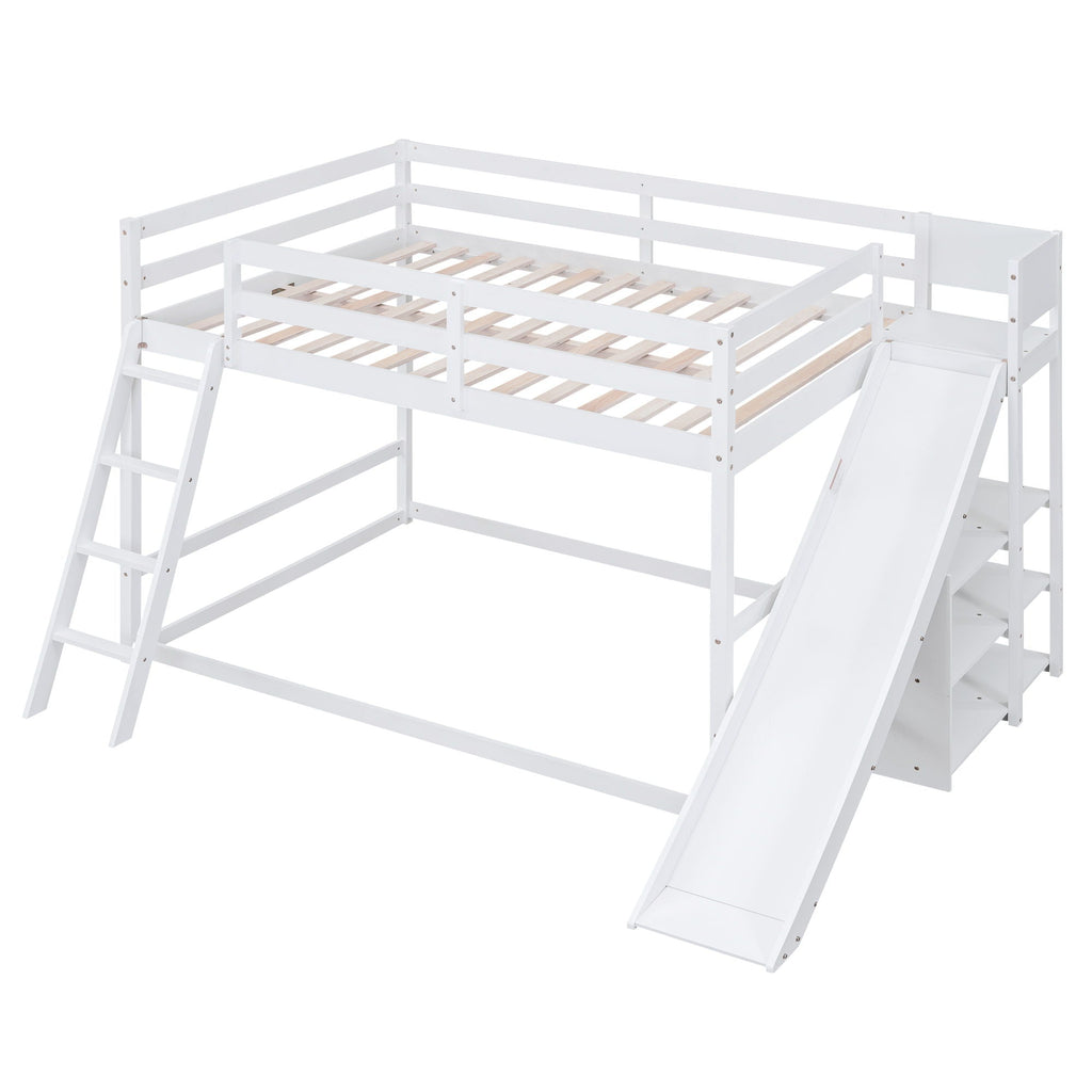 Bunk Bed With Ladder, Slide, and Shelves - Pine Wood, Full Over Full