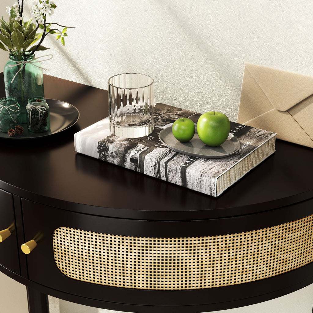Boho Rattan Semi Circle End Table with Sliding Door and Storage - Black or Dark Green