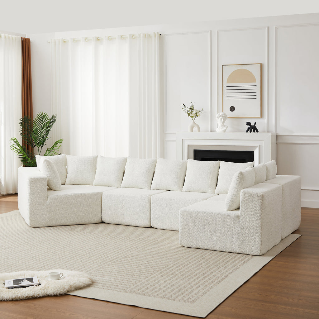 Extra-Large L-Shaped Chenille Sectional Sofa with 11 Pillows - Neutral Fabric