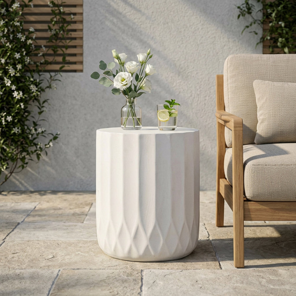 Round Outdoor Side Table with Inverted Scallop Edge - Antique White