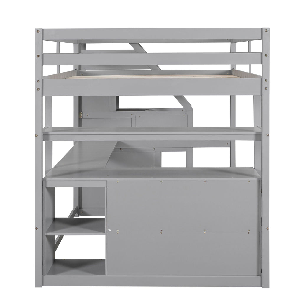 Loft Bed with Desk and Storage Staircase - Full or Twin, White or Gray