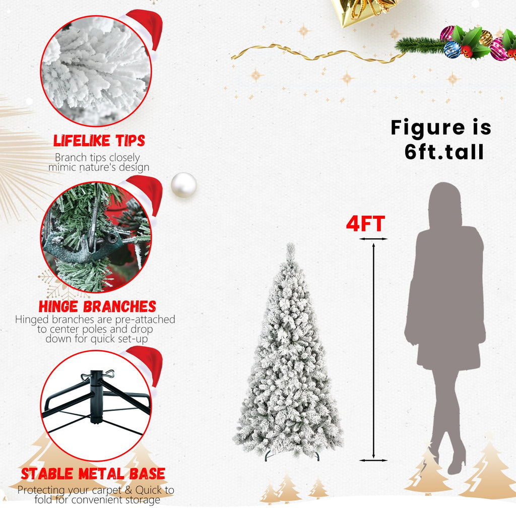 7FT Flocked Christmas Tree with Hinged Design - Snowy White