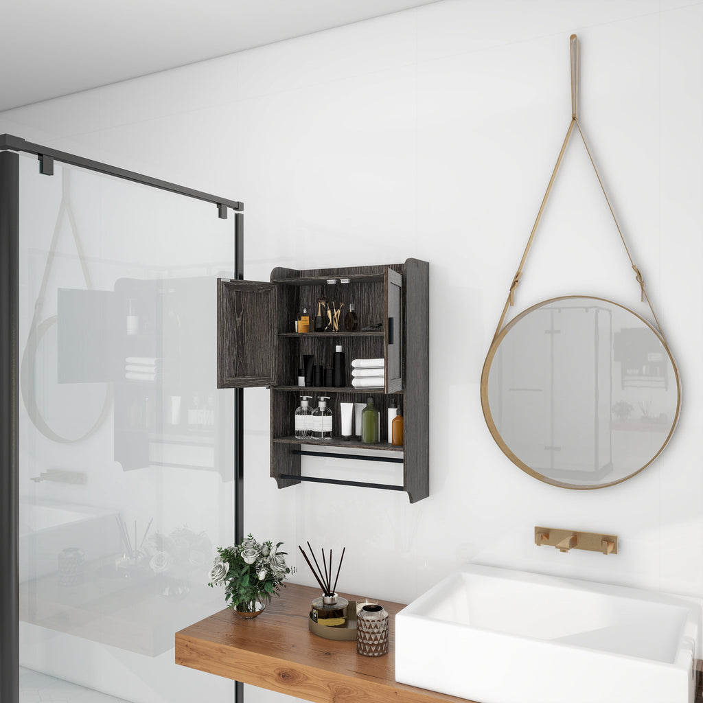 Bathroom Wall Cabinet with Adjustable Shelf, Towel Bar and Paper Holder - Grey