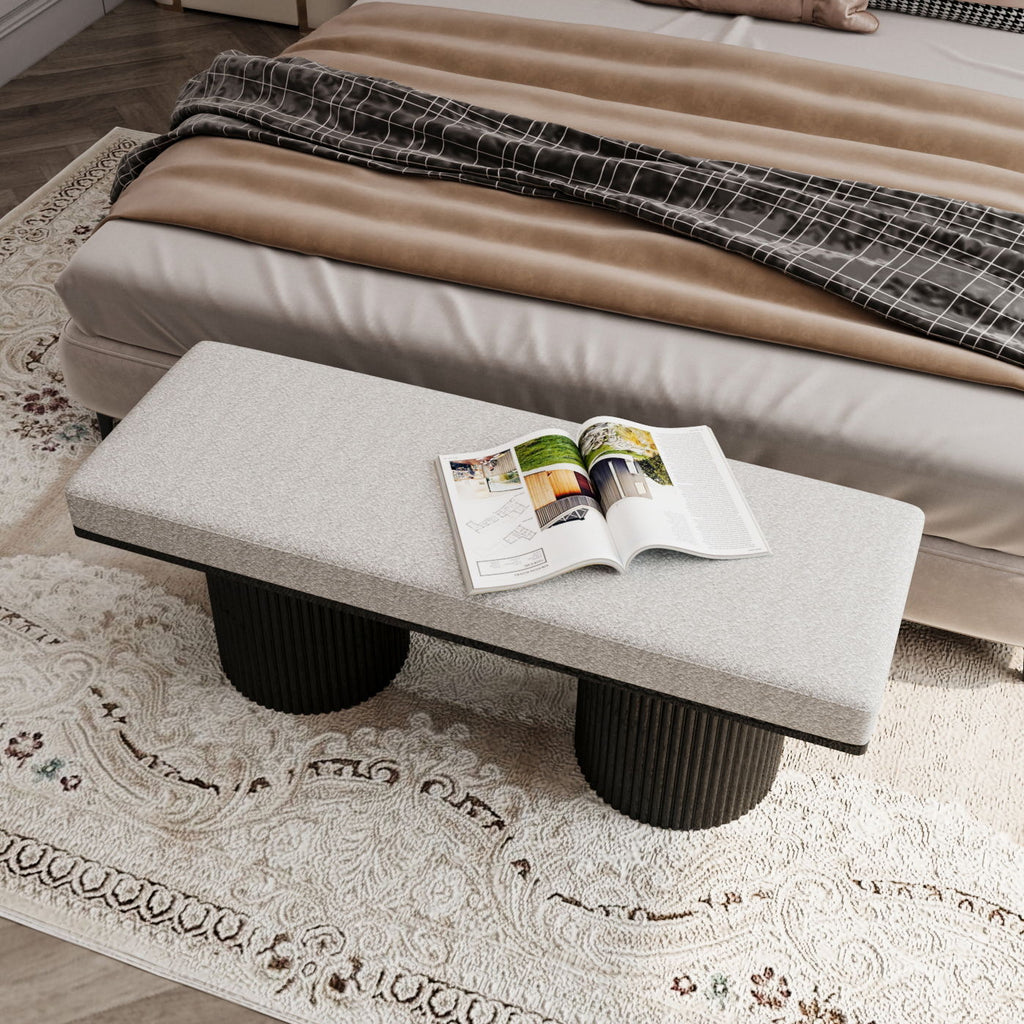 Boucle Upholstered Bench with Chunky Black Legs - Light Gray