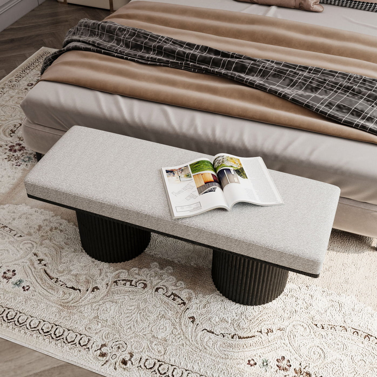 Boucle Upholstered Bench with Chunky Black Legs - Light Gray