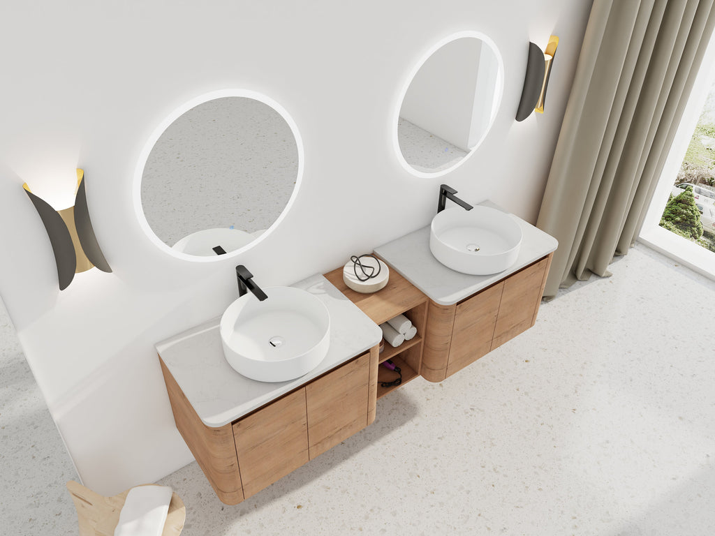 72" Wall-Mounted Bathroom Vanity with Ceramic Sink and Soft-Close Doors - White