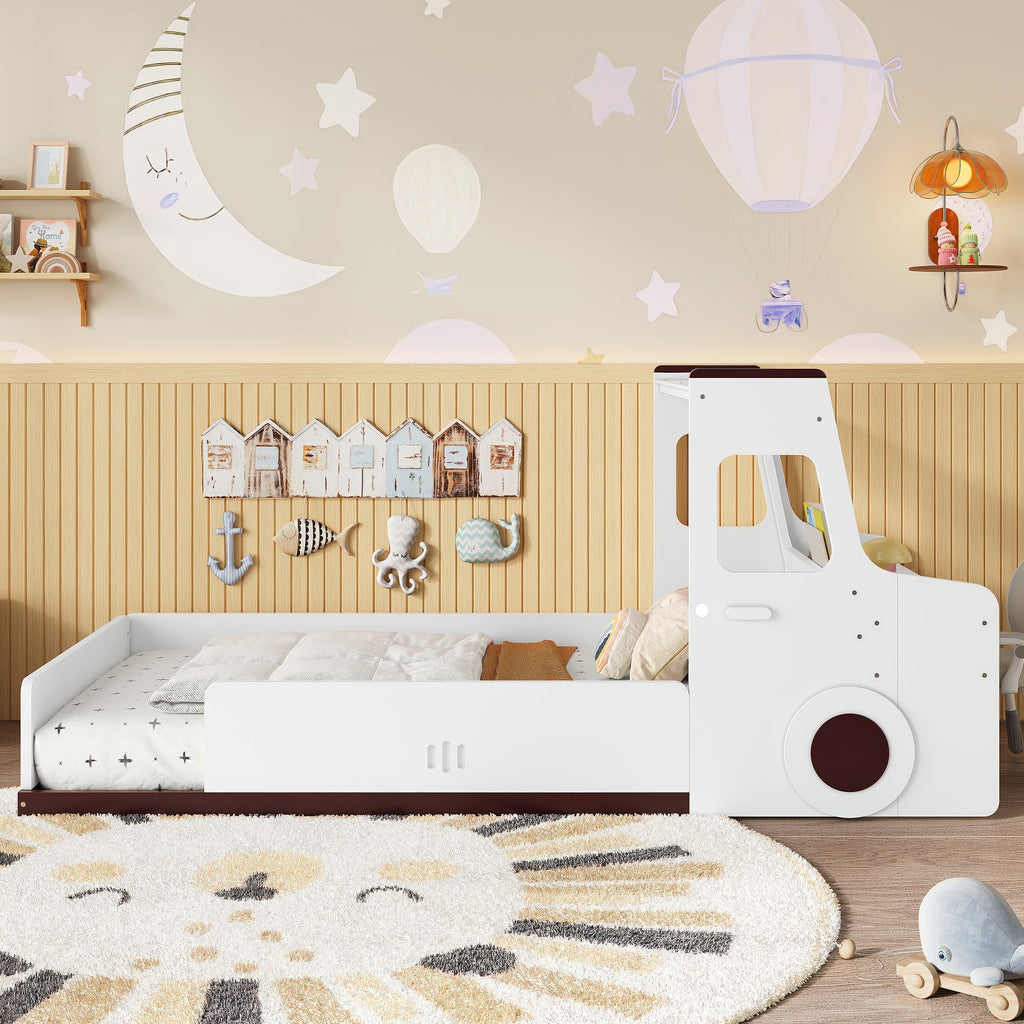 Twin Size Car-Shaped Floor Bed with Storage Drawers - Pine Wood