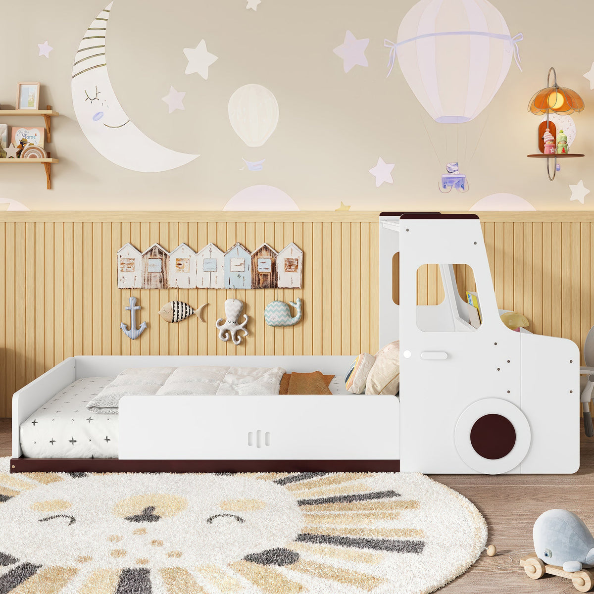Twin Size Car-Shaped Floor Bed with Storage Drawers - Pine Wood