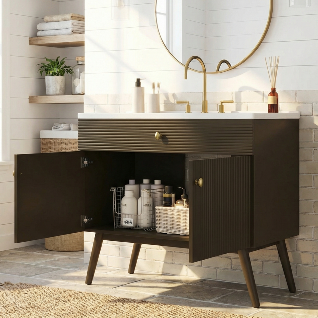 36" Luxury Striped Bathroom Vanity with Soft-Close Dual-Door Storage - Dark Brown