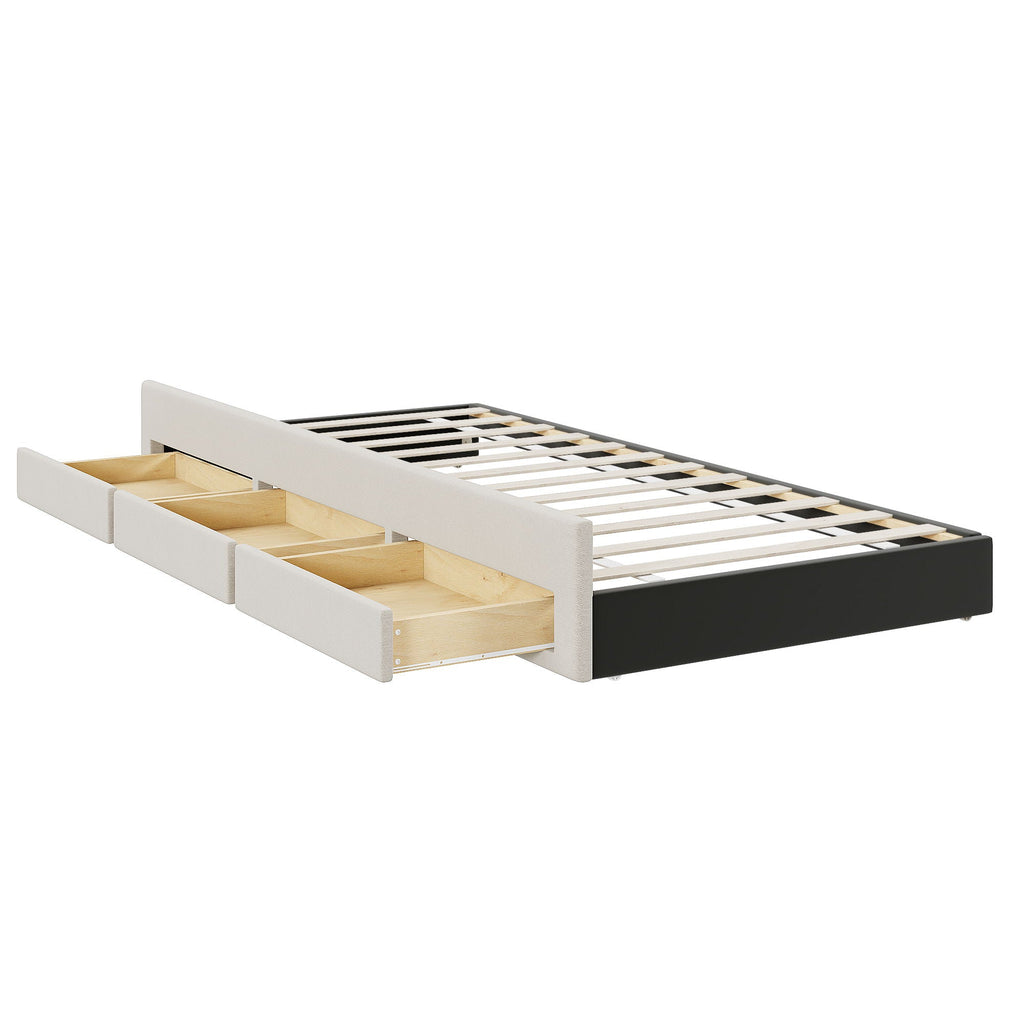 Upholstered Platform Bed with Twin Size Trundle and 3 Drawers - Beige, Full