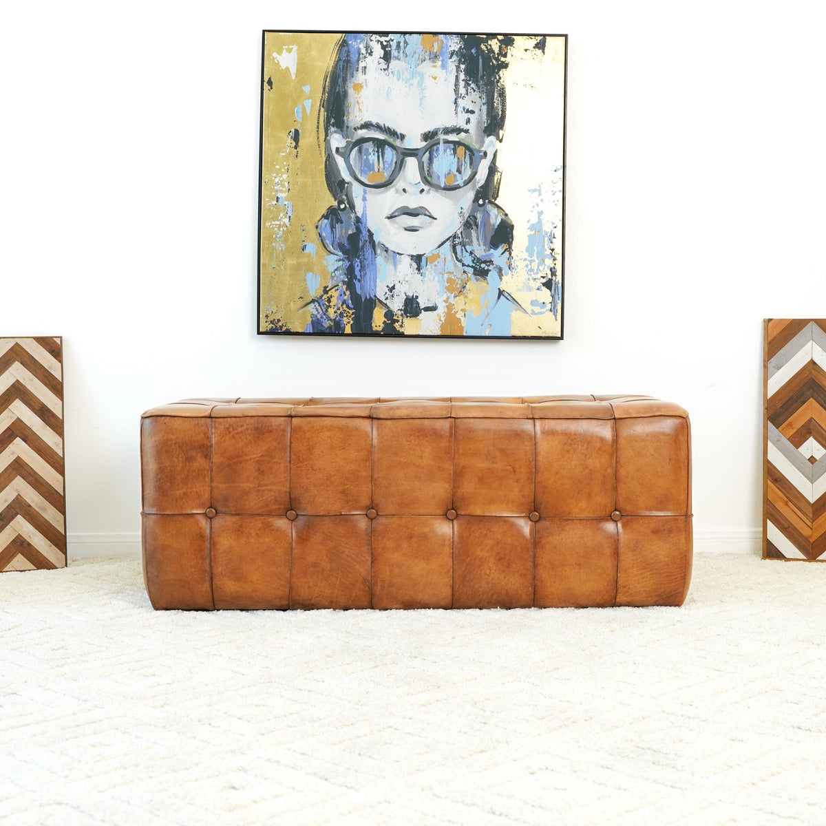 Tan Upholstered Bench with Solid Wood Frame - Genuine Leather