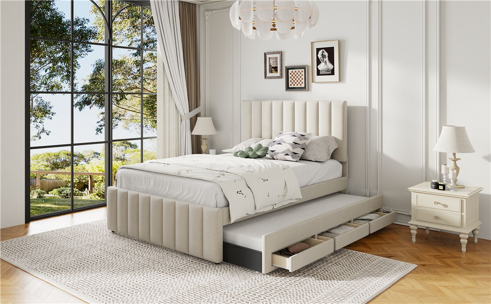 Upholstered Platform Bed with Twin Size Trundle and 3 Drawers - Beige, Full