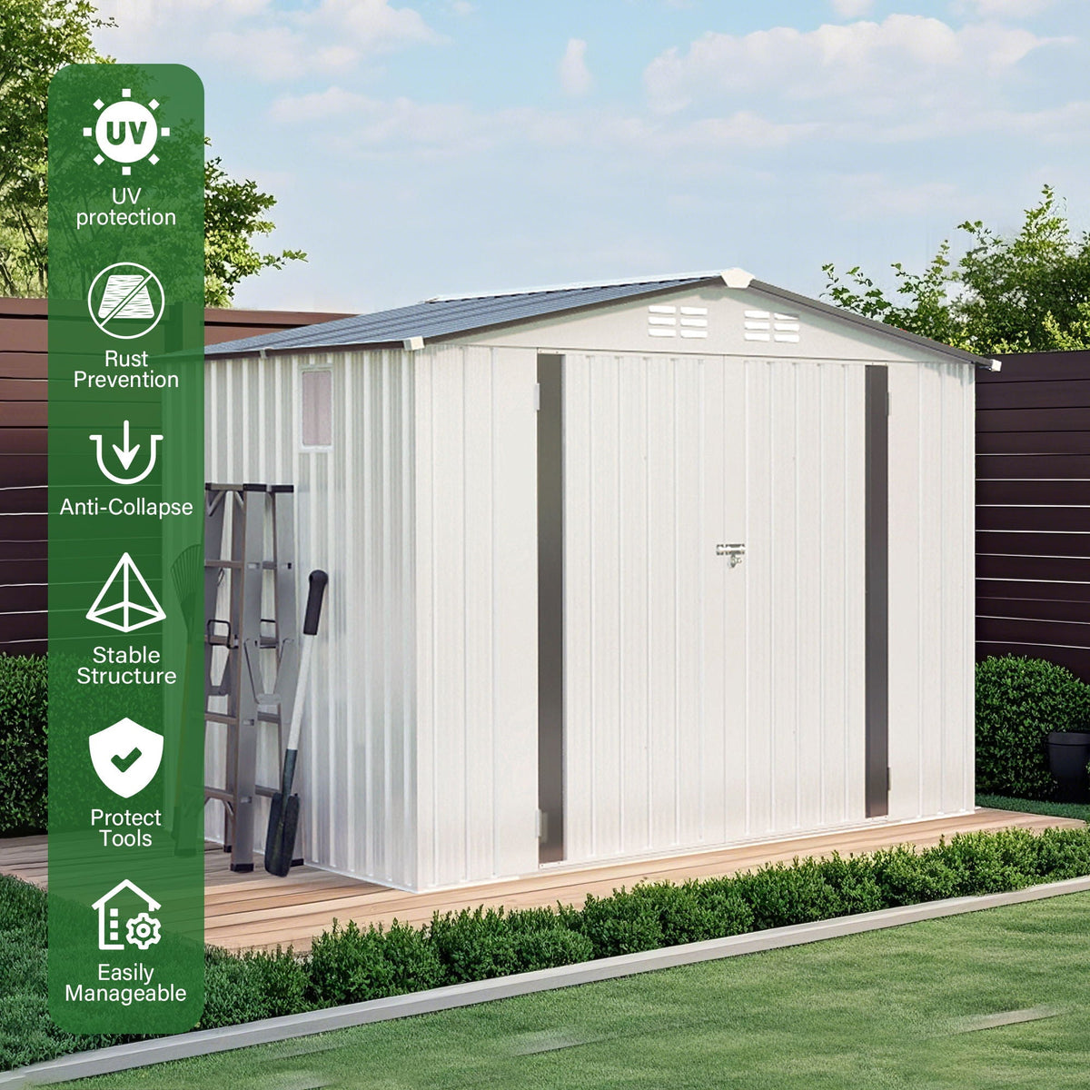 Outdoor Garden Storage Shed with Lockable Doors and Window - White / Gray