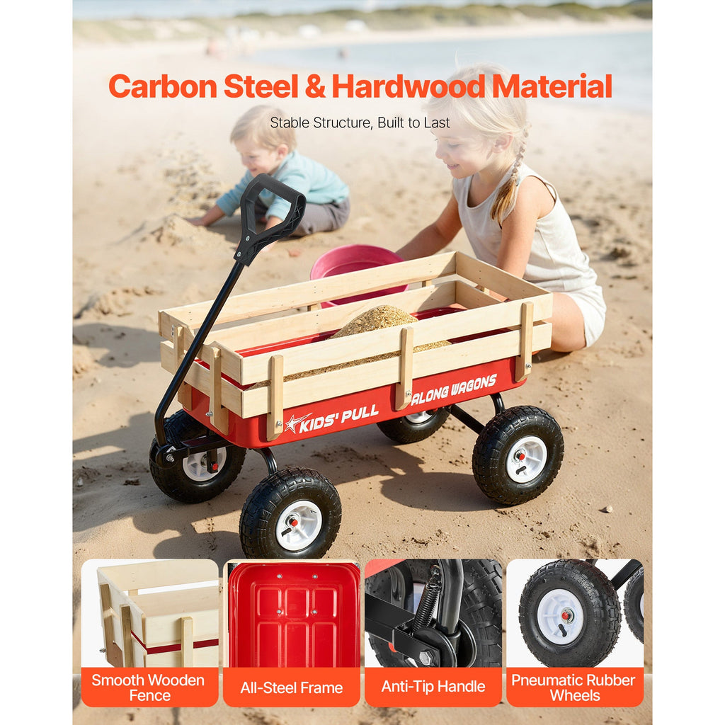 Pull-Along Wagon for Kids with Wooden Panels & Handle - 39 Inch