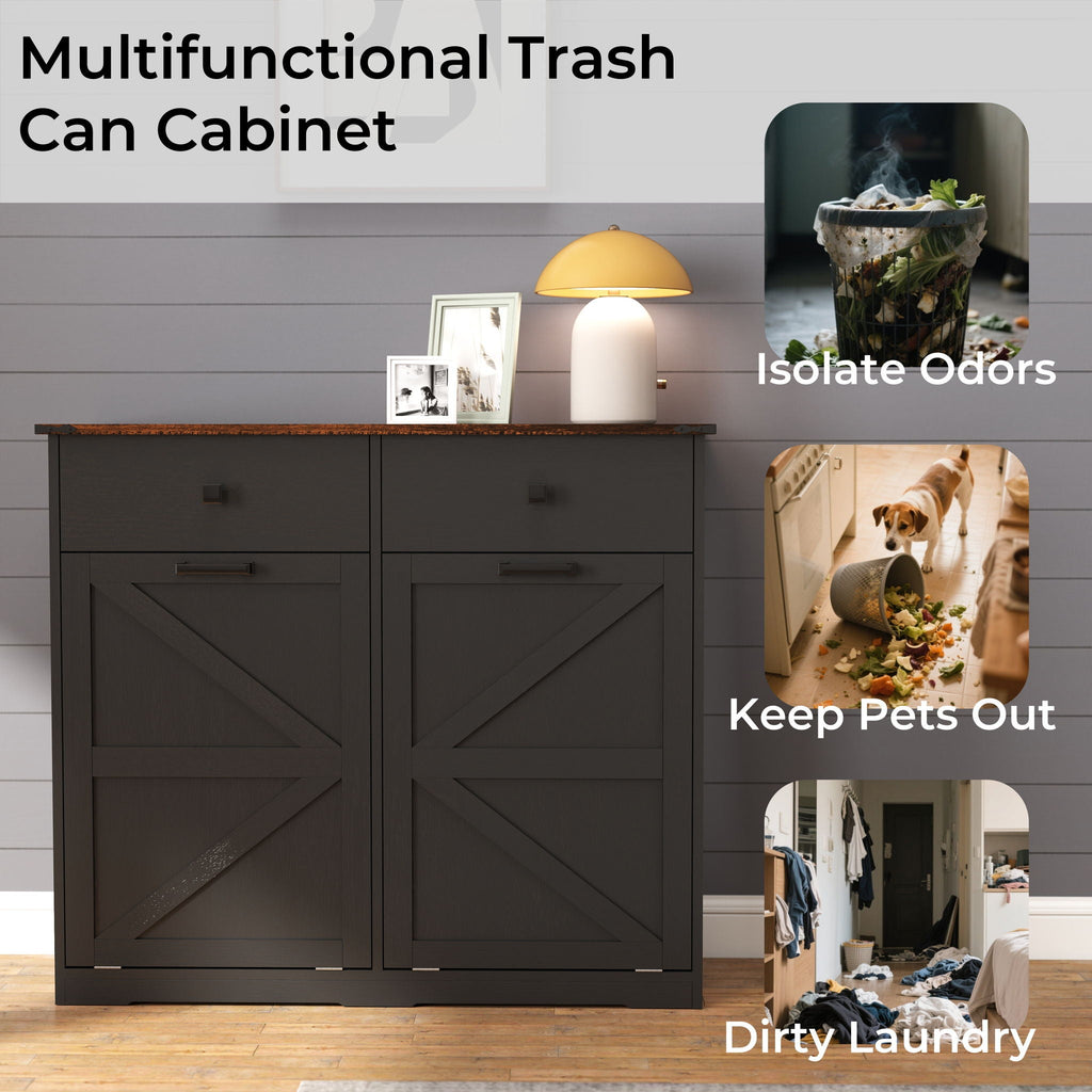 Double Tilt Out Trash Cabinet with Hideaway Drawer - Barn Door Style