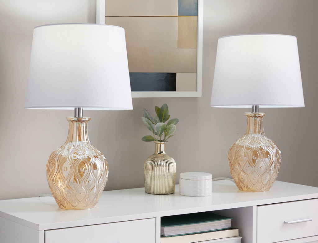 Beige Round Contemporary Lamp Set with Drum Shade - Set of 2