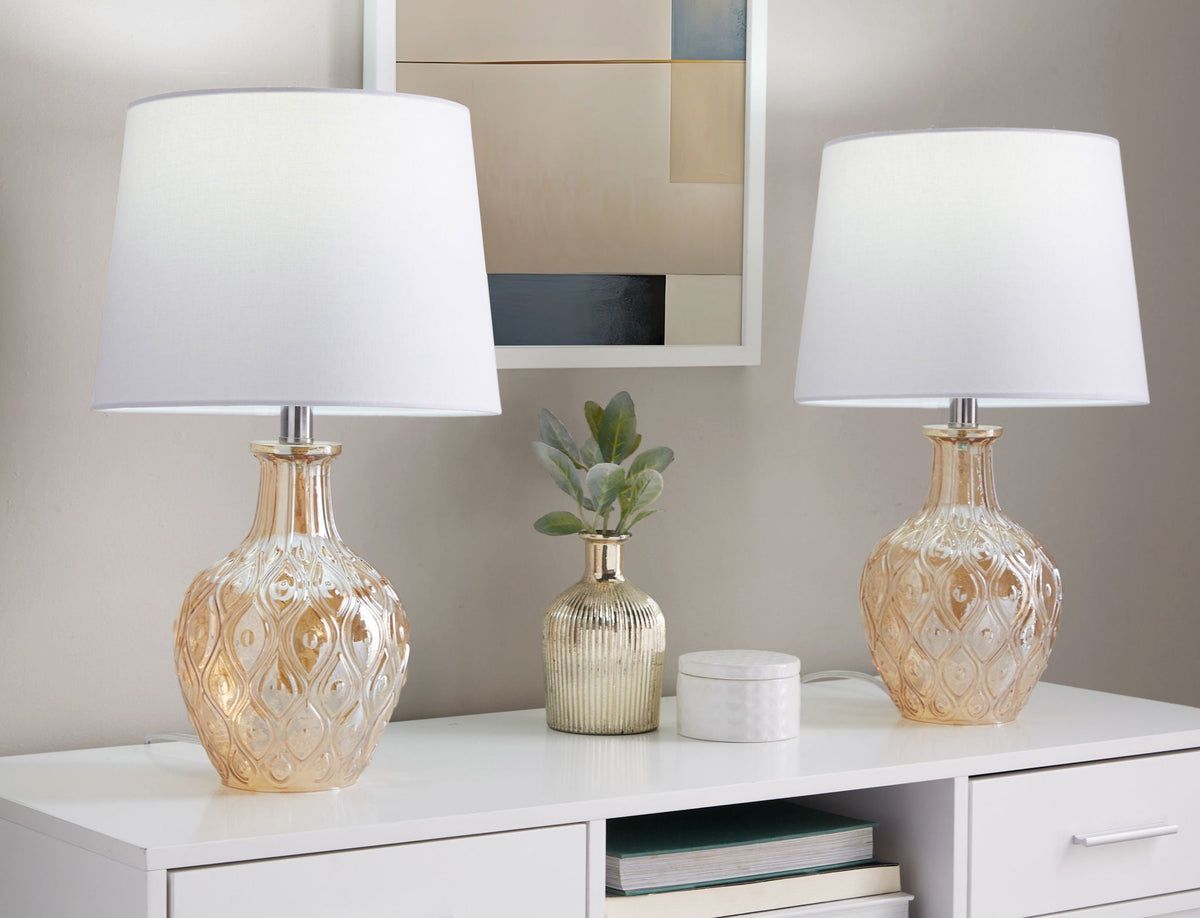Beige Round Contemporary Lamp Set with Drum Shade - Set of 2