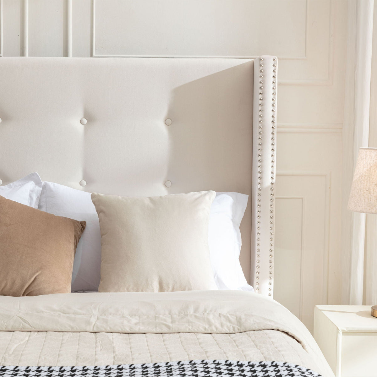 Upholstered Bed with 54" High Headboard and Hand Buttoned Tufting - White or Blue