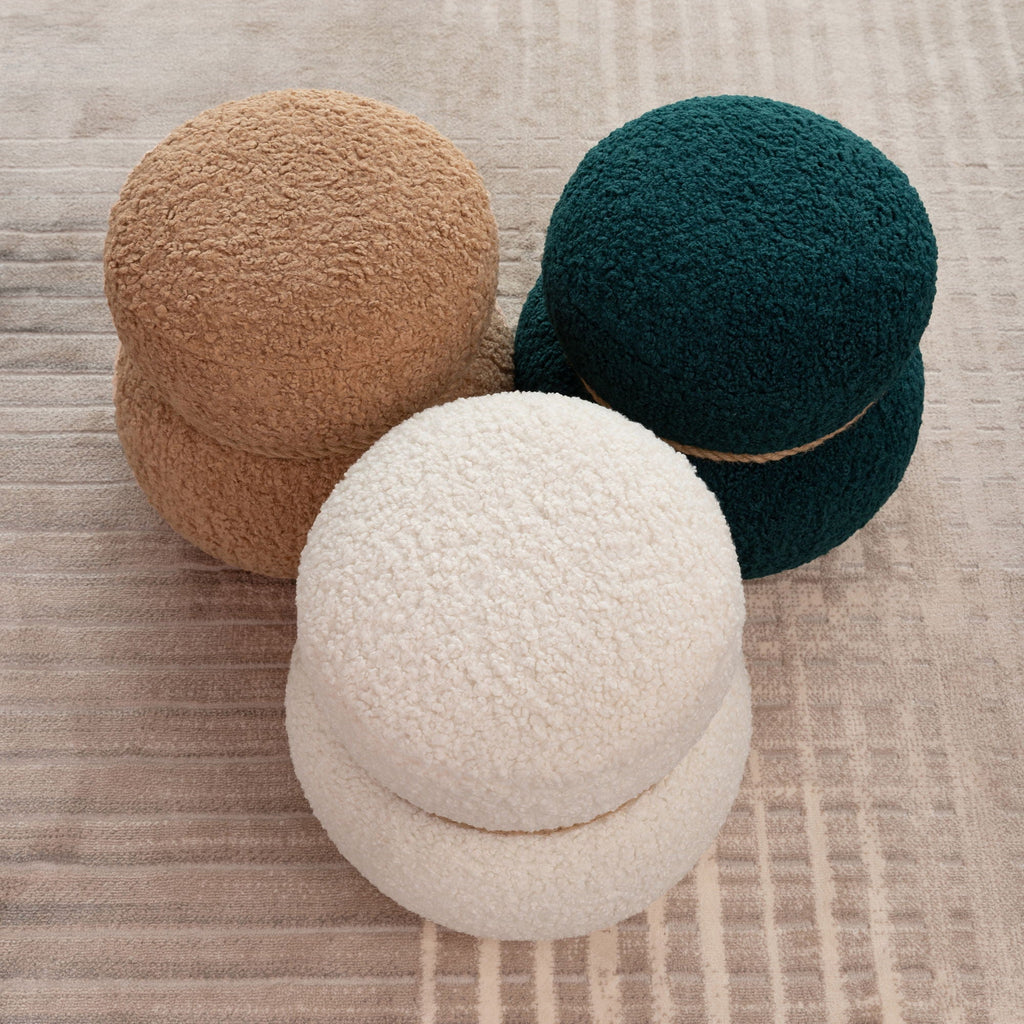 Snowman Stool Ottoman with Lamb Wool Cushion and Solid Wood Frame - White, Light Brown, Dark Green