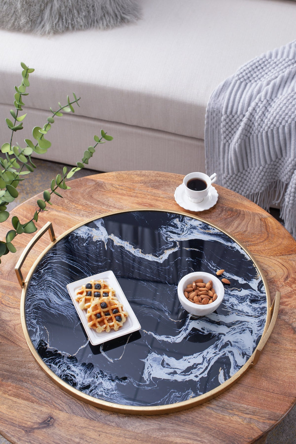 Round Decorative Tray Set with Abstract Marbled Design and Gold Handles - Black & White