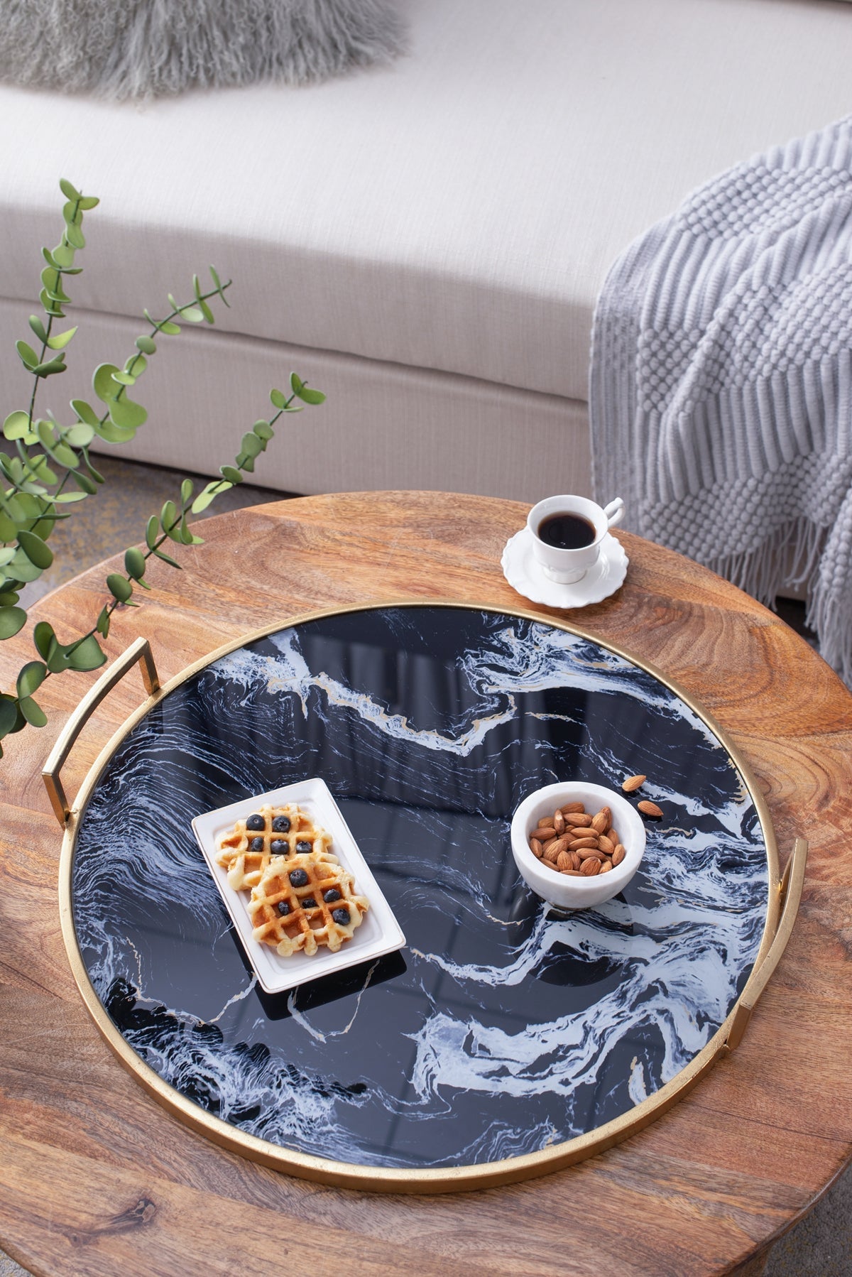 Round Decorative Tray Set with Abstract Marbled Design and Gold Handles - Black & White