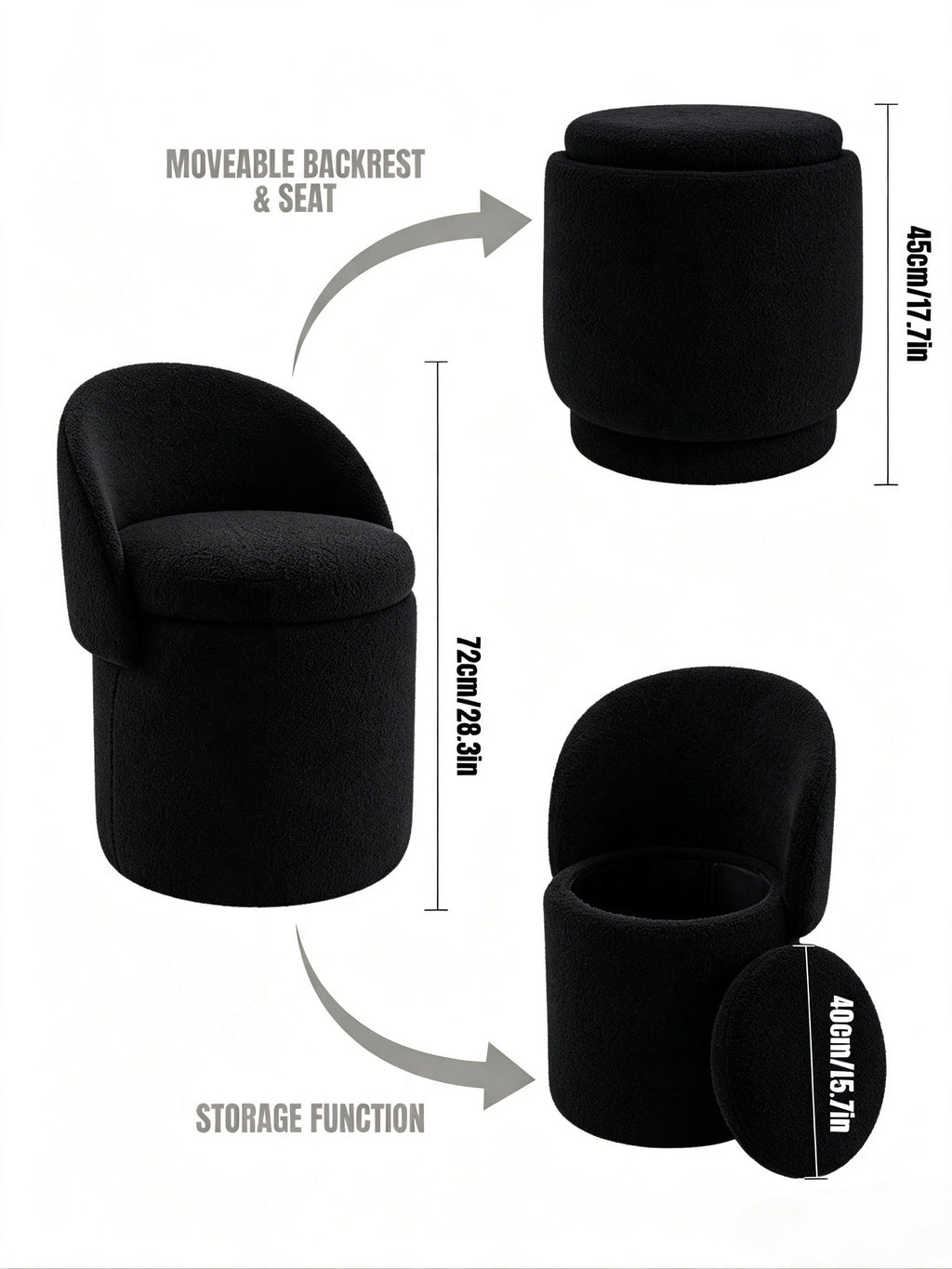 Upholstered Makeup Stool with Storage and Foldable Backrest - Velvet