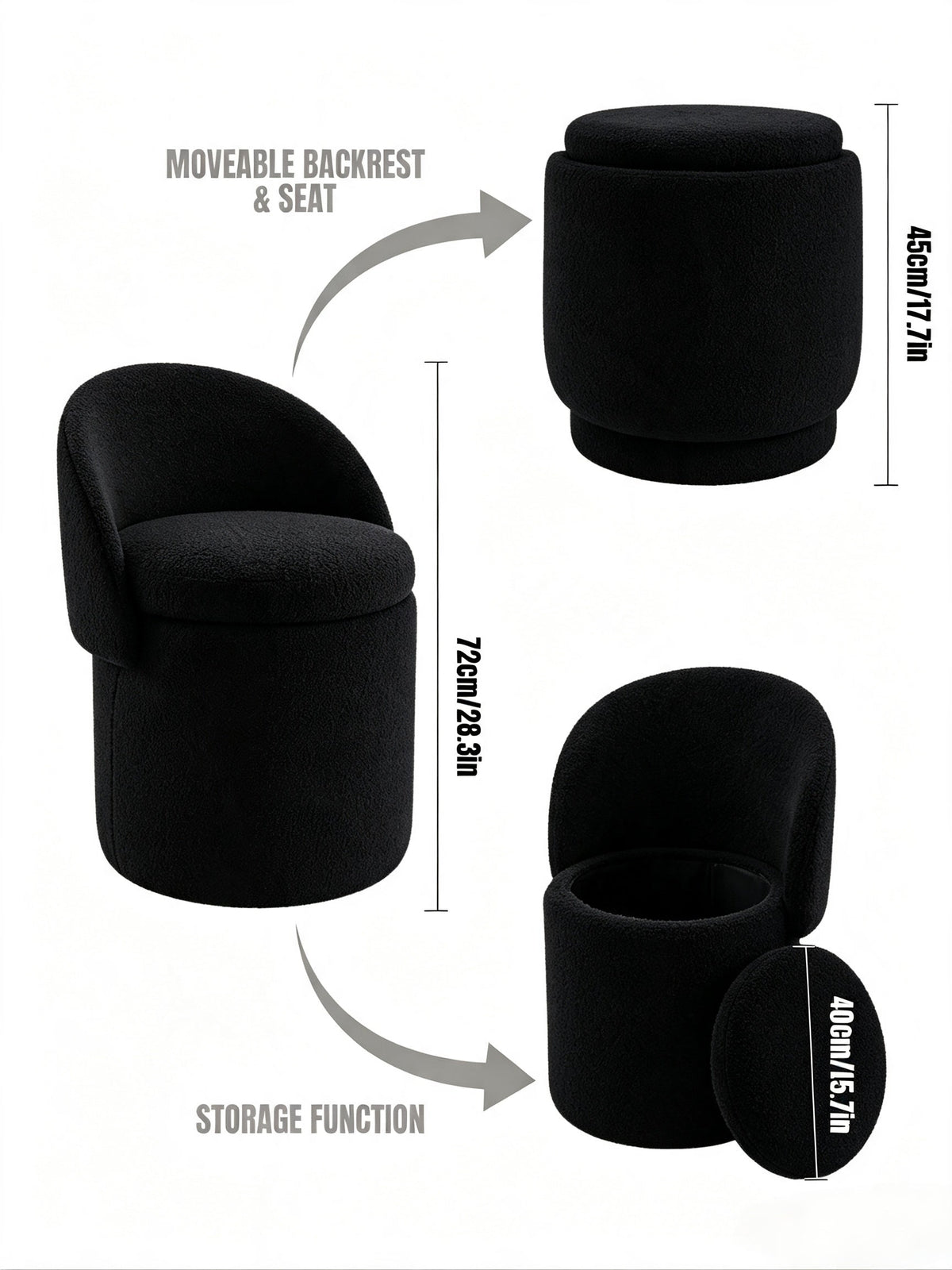 Upholstered Makeup Stool with Storage and Foldable Backrest - Velvet