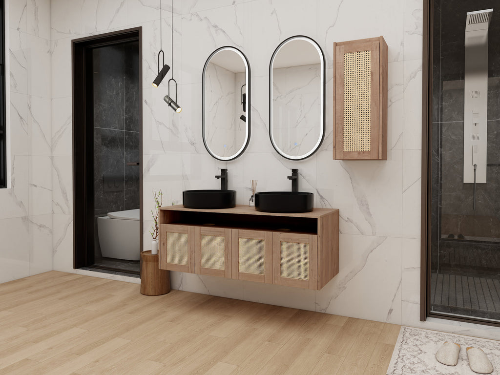 48" Bathroom Vanity with Ceramic Art Sink and Side Cabinet - Imitative Oak