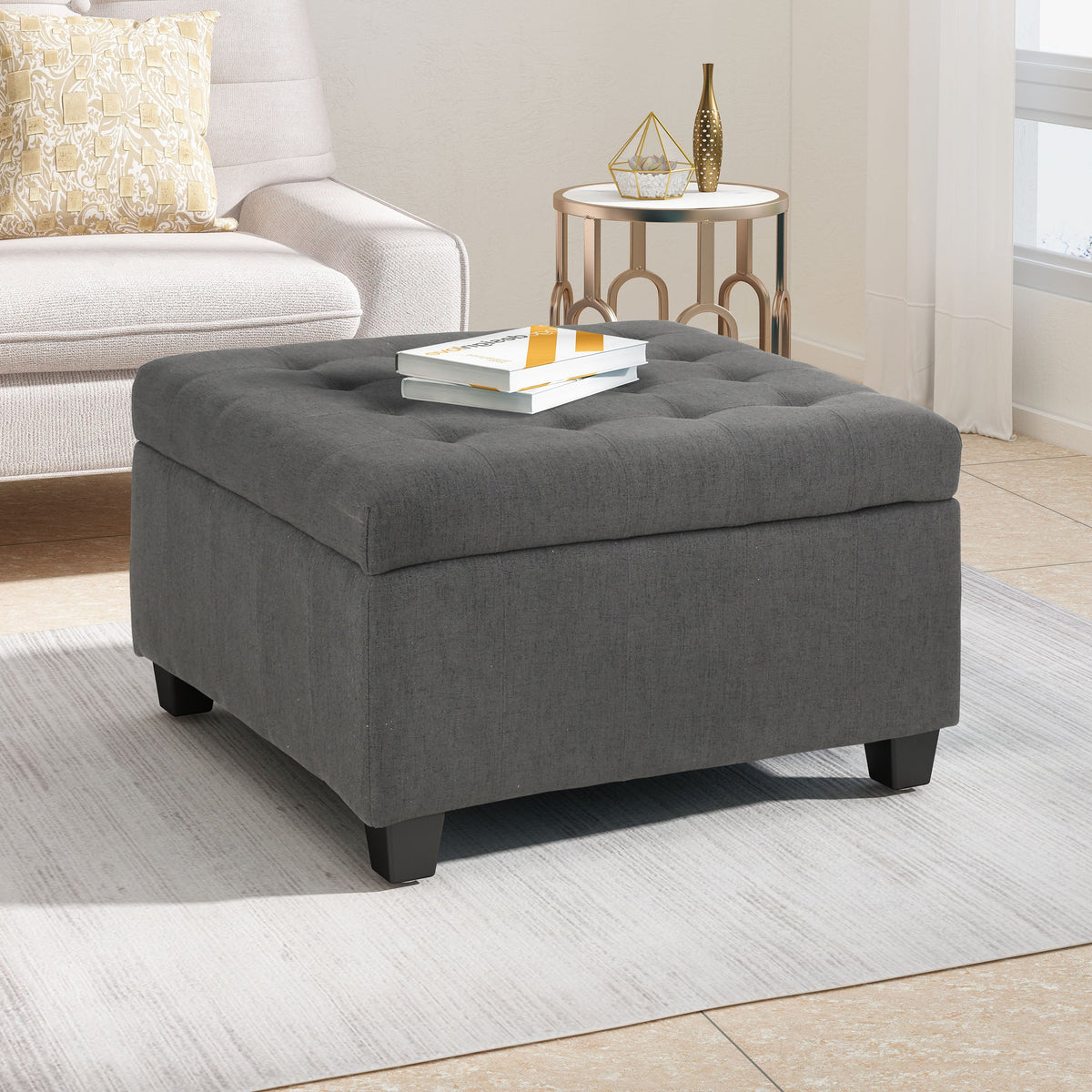 Upholstered Tufted Fabric Storage Ottoman with Hidden Storage - Dark Gray