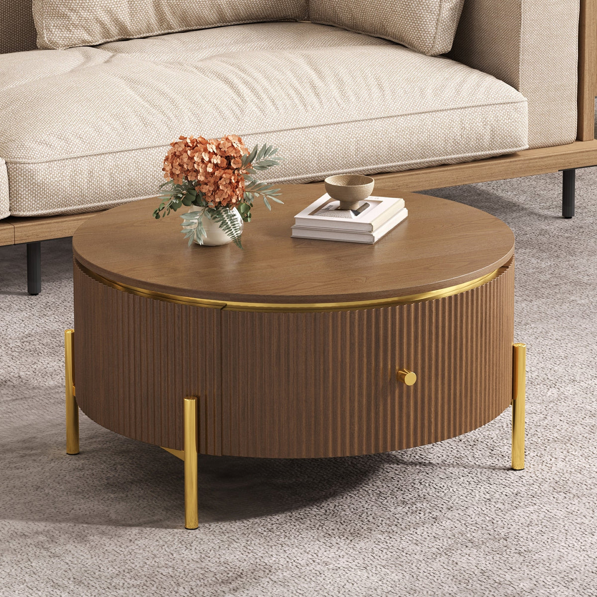 Modern Round Coffee Table with 2 Large Drawers Storage - MDF