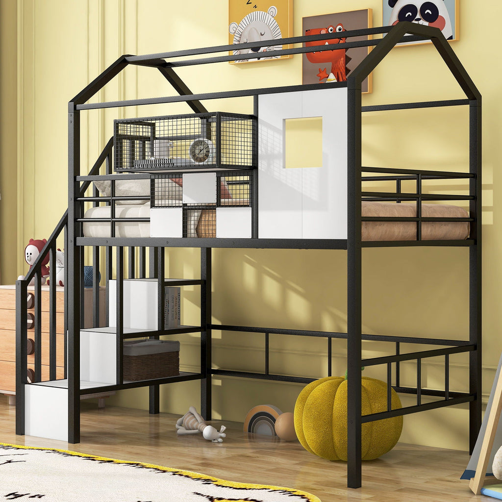 Metal Loft Bed With Roof Design and Storage Box with Guardrails and Integrated Ladder - Twin