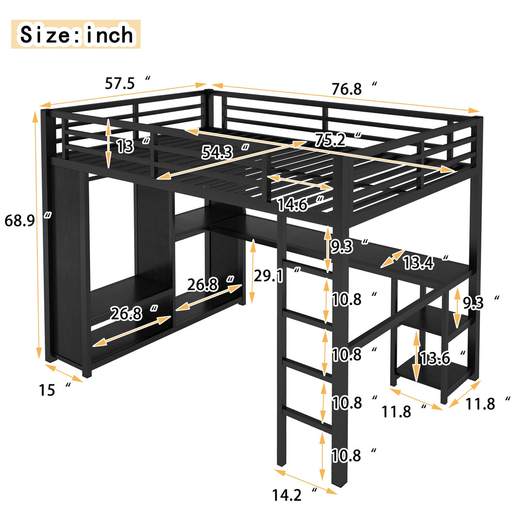 Full Size Loft Bed with Built-in Wardrobe and Desk