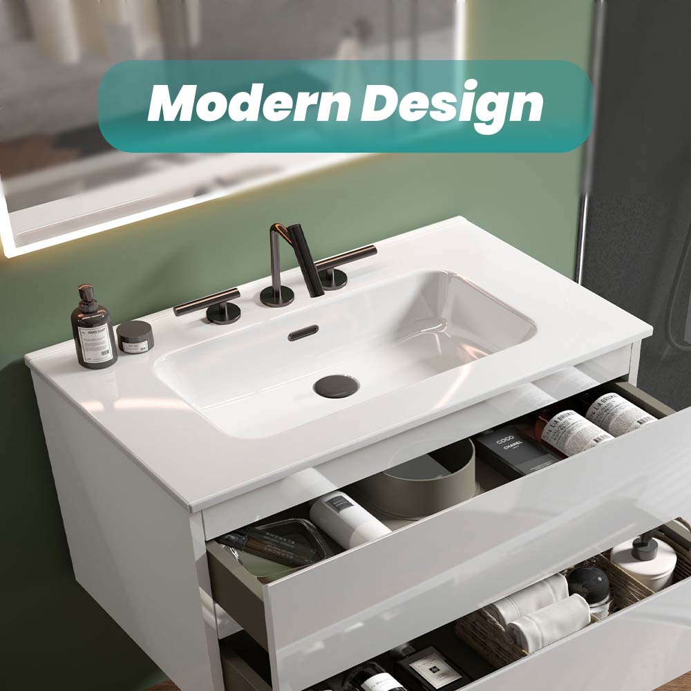 Glossy White Ceramic Integrated Bathroom Vanity Sink - Gloss White