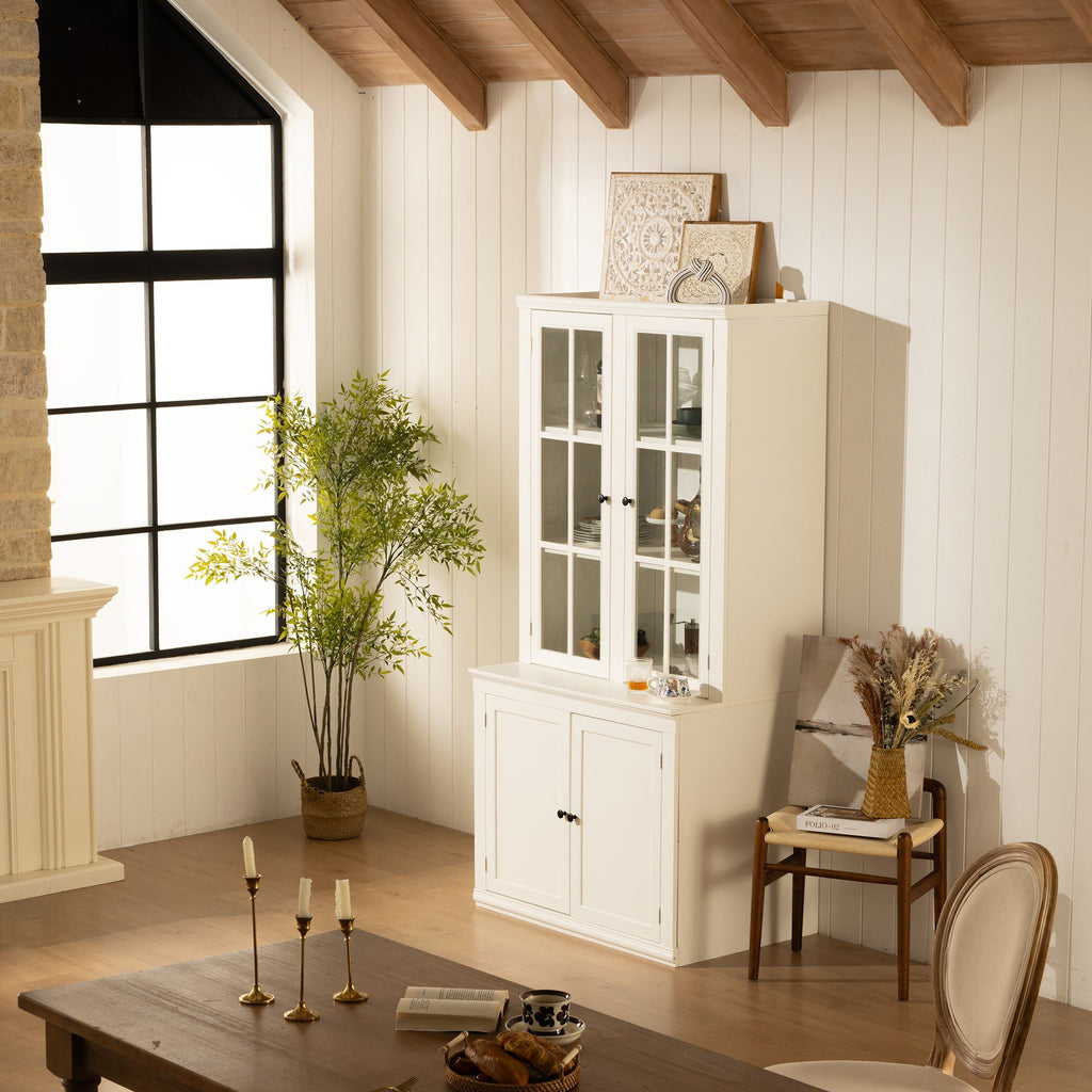 Retro Style Hutch Cabinet with Glass Door - White