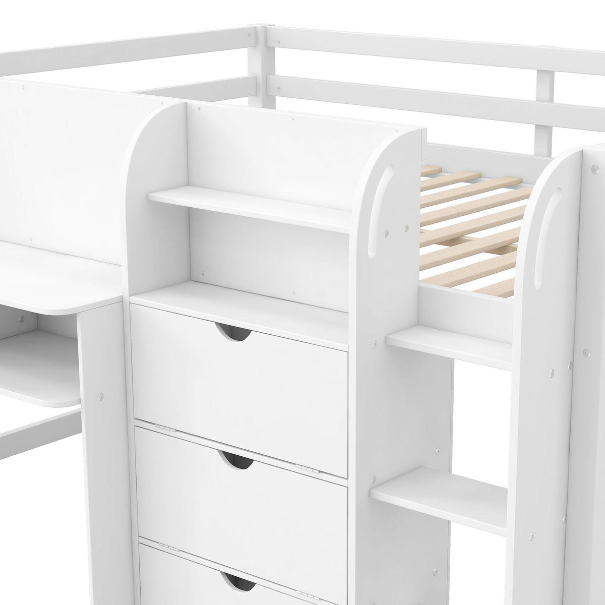 Low Loft Bed With Built In Desk, Storage Cabinets, Open Bookcase And Doodle Board