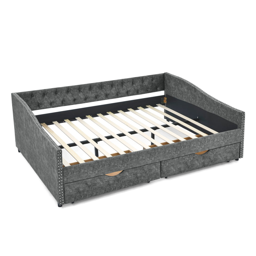 Upholstered Tufted Daybed with 2 Drawers and Waved Arms - Multiple Colors
