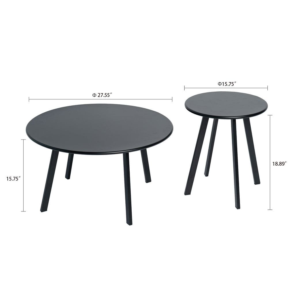 Modern 2-Piece Round Nesting Coffee Table Set with Weather-Resistant Iron - Black