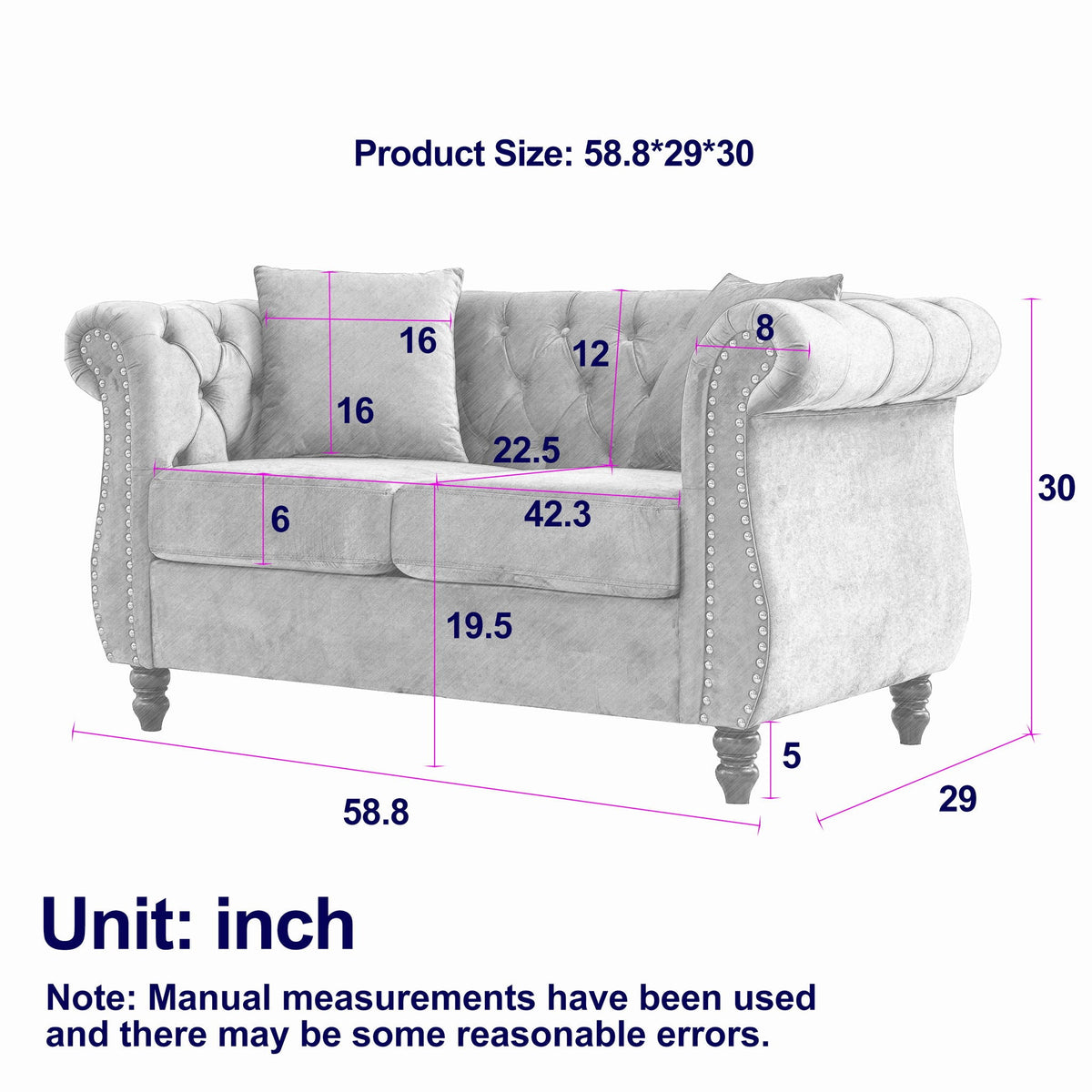 Chesterfield Sofa with Rolled Arms and Nailhead Trim – Solid Wood Frame