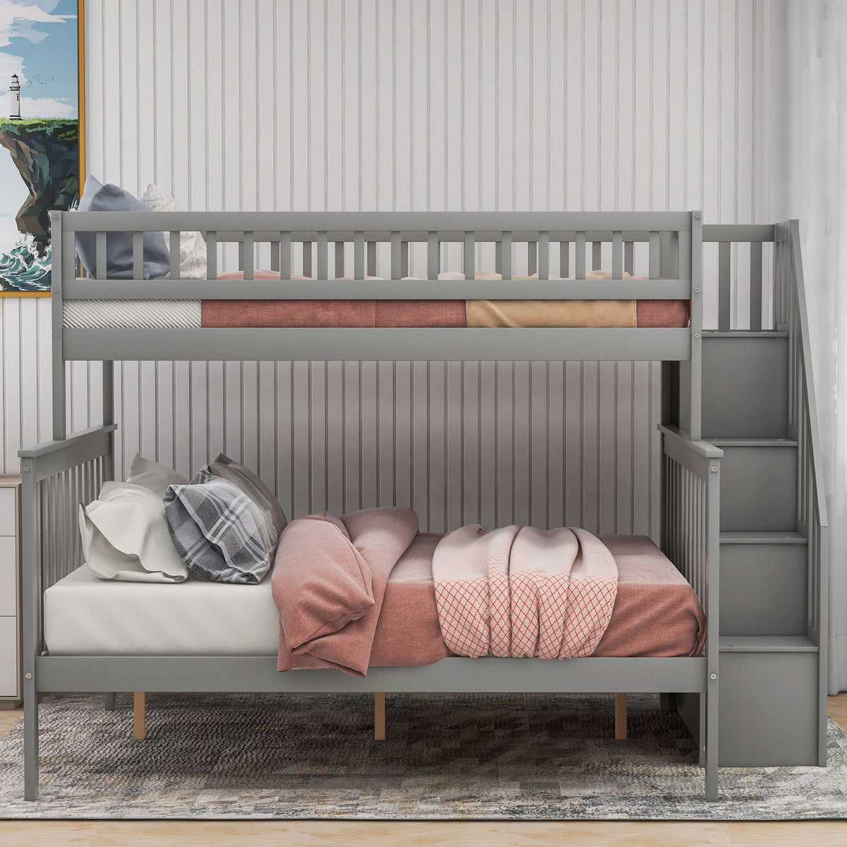Bunk Bed with Staircase and Storage Options - Dark Gray or White