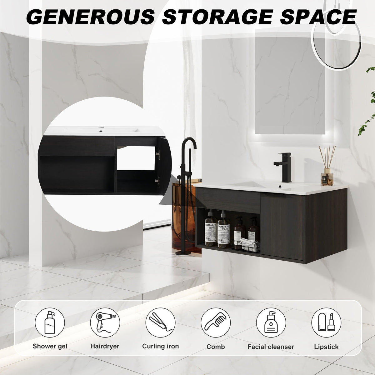 Wall Mounted Floating Bathroom Vanity with Open Shelf & Soft Close Door - Dark Brown